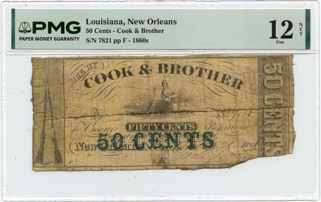 PMG F12 1861 New Orleans Louisiana 50 Cents Obsolete Note Cook and Brother (1 of 2)