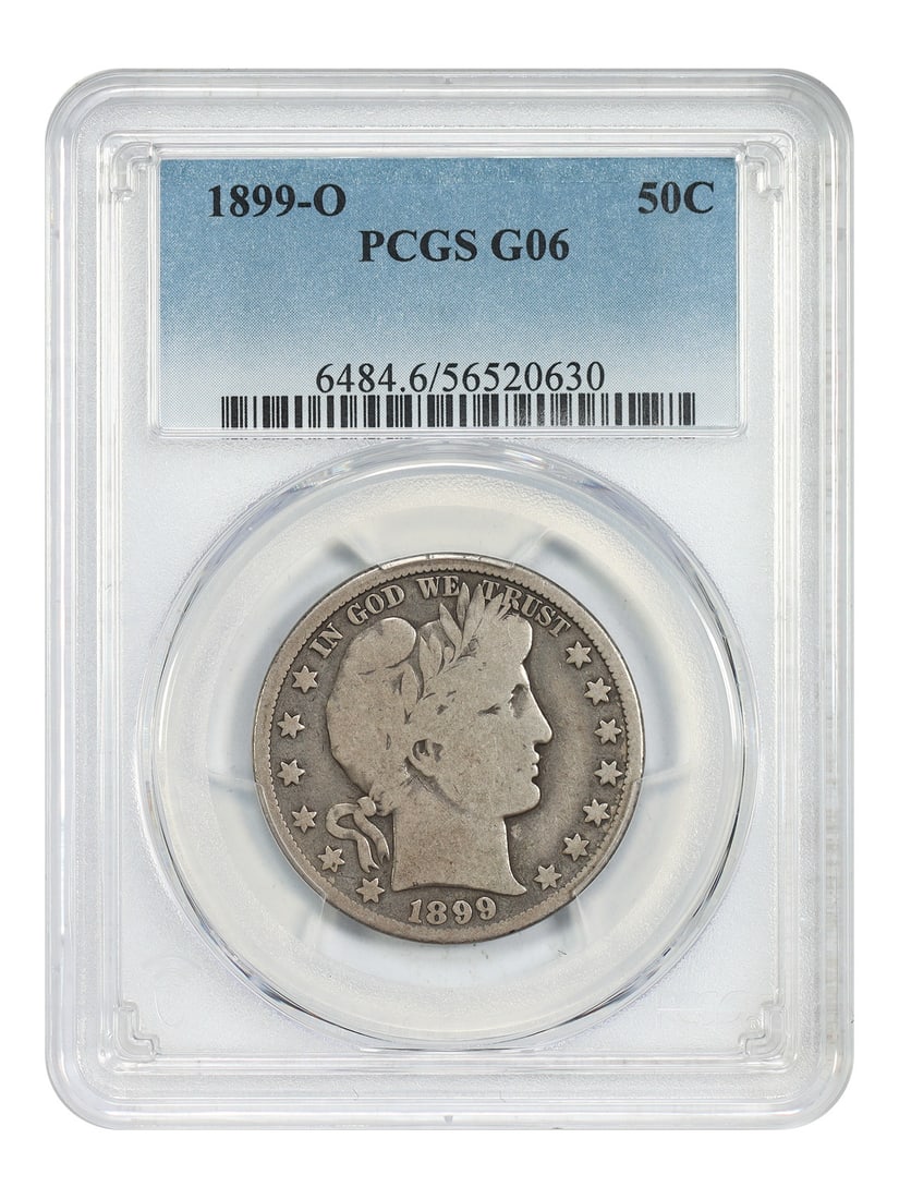 PCGS Good 06 1899 O Barber Half Dollar 50C: PCGS Good 06 1899 O Barber Half Dollar 50C This 1899-O Barber Half Dollar is a circulated 50C coin from the New Orleans mint. It is certified by PCGS and graded Good 06, with certification number 5652