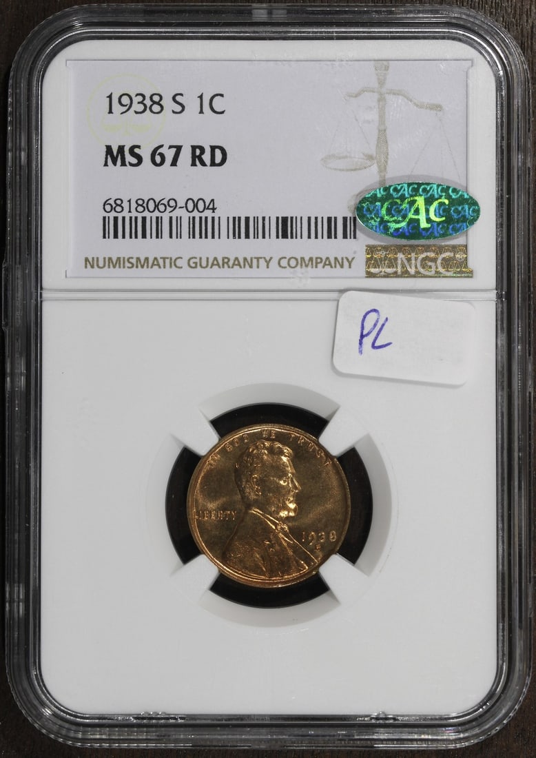 1938 S Lincoln Wheat Cent 1C NGC MS67RD CAC Prooflike: 1938 S Lincoln Wheat Cent 1C NGC MS67RD CAC Prooflike 1938-S Lincoln Wheat cent graded MS67RD by NGC with CAC approval. This pre-owned United States small cent is struck in copper and noted for its pr