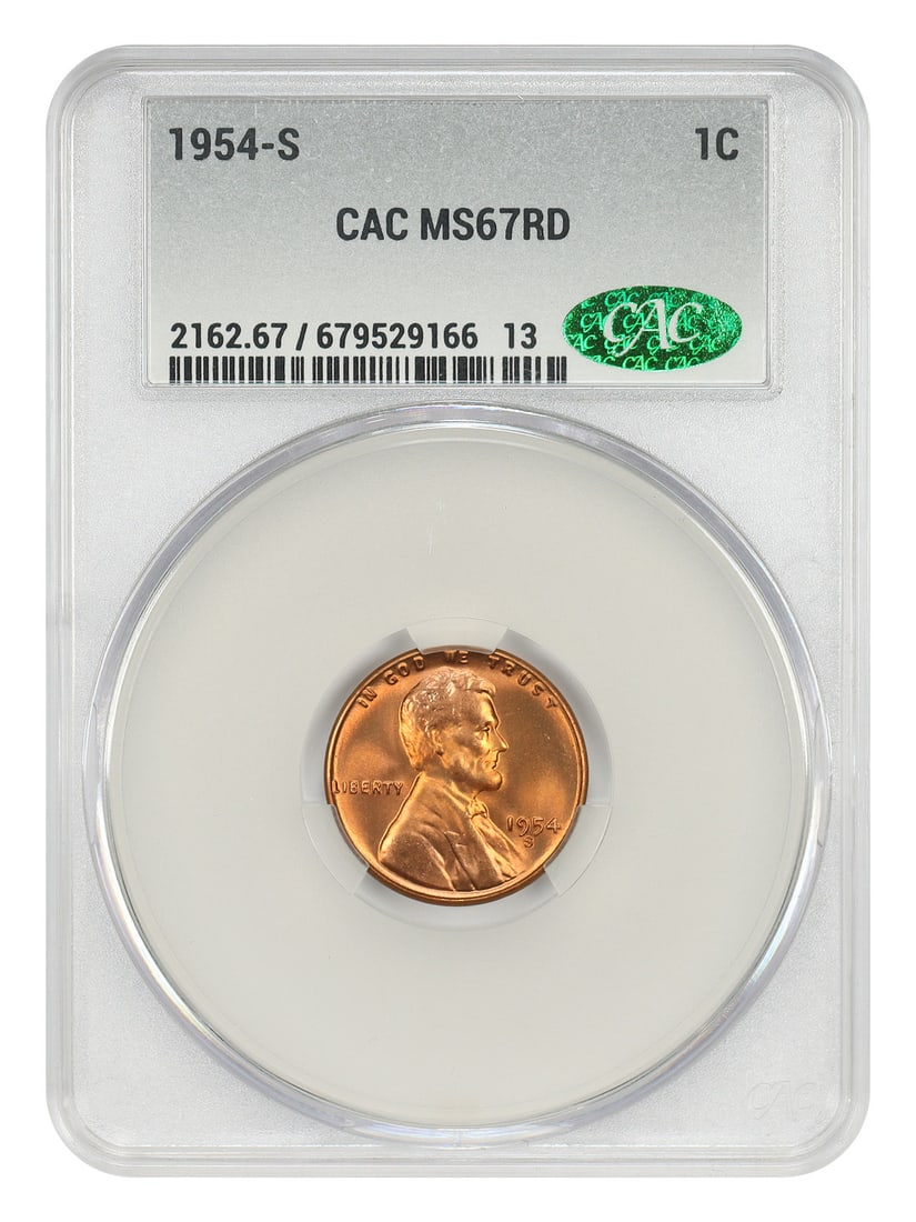 CACG MS67RD 1954 S Lincoln Wheat Cent 1C RD: CACG MS67RD 1954 S Lincoln Wheat Cent 1C RD 1954-S Lincoln Cent with Wheat Reverse, certified by CACG in MS67RD. This uncirculated pre-owned coin is described as a blazing red gem. Specifications Deno