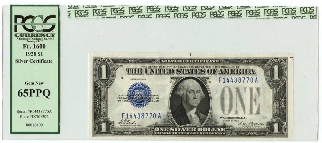 1928 $1 Silver Certificate FR#1600 PCGS MS65 Uncirculated: 1928 $1 Silver Certificate FR#1600 PCGS MS65 Uncirculated This 1928 $1 Silver Certificate (FR#1600) is a remarkable piece of currency history, certified by PCGS Currency with a grade of Gem New 65PPQ.