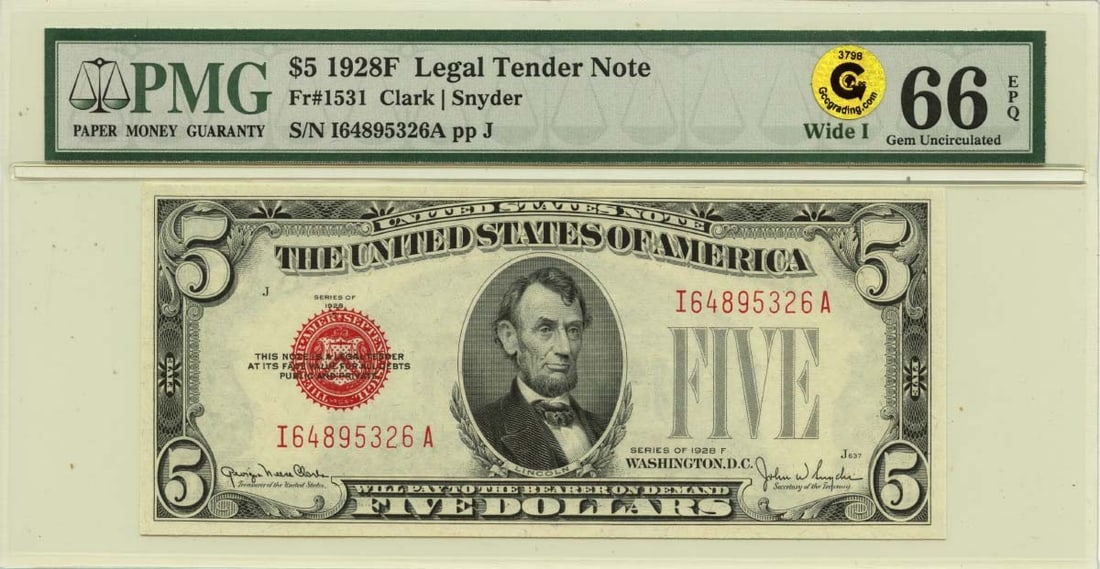 PMG 66 EPQ 1928F $5 Legal Tender Note Fr 1531 Wide I (1 of 2)