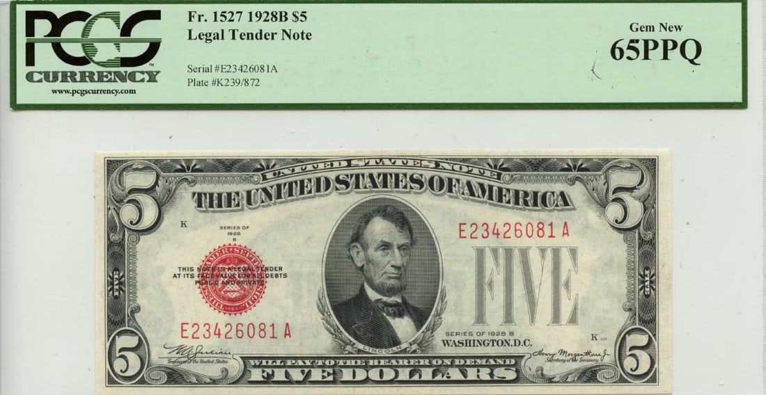 1928B $5 Legal Tender Note FR#1527 PCGS MS65 Gem Uncirculated: 1928B $5 Legal Tender Note FR#1527 PCGS MS65 Gem Uncirculated This 1928B $5 Legal Tender Note (FR#1527) is a remarkable piece of currency, certified by PCGS Currency with a grade of Gem 65 PPQ. It is 
