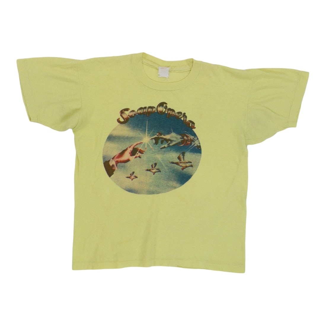 Vintage 1970s The Kinks Soap Opera Yellow Cotton Band Shirt: Vintage 1970s The Kinks Soap Opera Yellow Cotton Band Shirt This is an original vintage 1970s The Kinks Soap Opera shirt, not a modern reproduction. The shirt is yellow, made of 100% cotton, and featu
