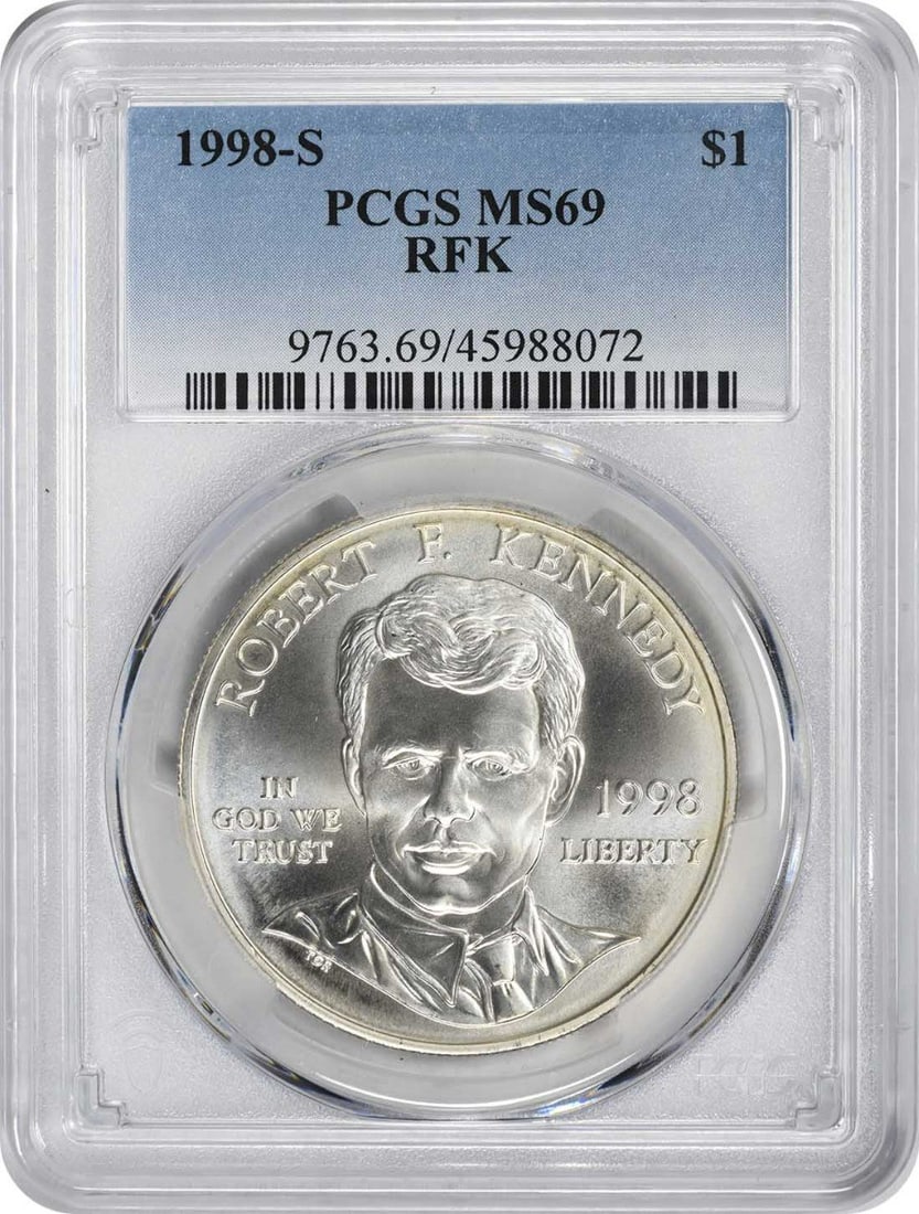 PCGS MS69 1998-S Robert F Kennedy Silver Commemorative Dollar: PCGS MS69 1998-S Robert F Kennedy Silver Commemorative Dollar 1998-S Robert F. Kennedy commemorative silver dollar graded MS69 by PCGS. This uncirculated United States coin is a pre-owned example of t