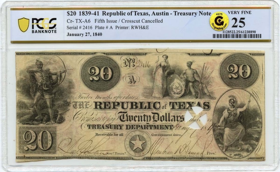 Republic of Texas 1840 Austin $20 Treasury Obsolete Note PCGS VF25: Republic of Texas 1840 Austin $20 Treasury Obsolete Note PCGS VF25 This is an 1840 $20 Austin, Texas obsolete treasury note from the Republic of Texas, graded VF25 by PCGS Banknote. The note is circul