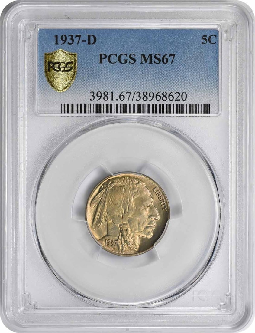 PCGS MS67 1937-D Buffalo 5C Nickel: PCGS MS67 1937-D Buffalo 5C Nickel This is a 1937-D Buffalo Nickel from the United States, featuring a high-grade MS67 rating by PCGS. The coin is uncirculated and composed of nickel, making it a desi