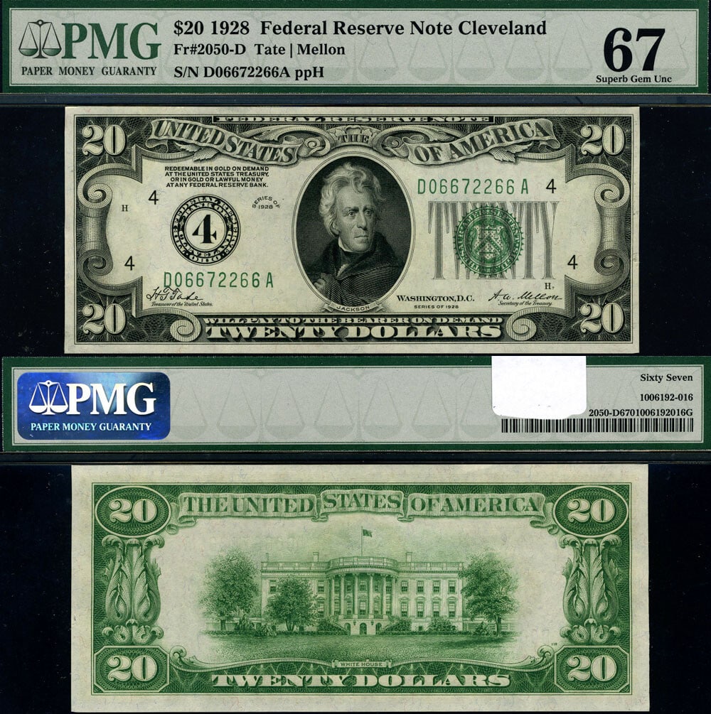 1928 $20 Federal Reserve Note Cleveland D-A Block PMG CU67: 1928 $20 Federal Reserve Note Cleveland D-A Block PMG CU67 This 1928 Federal Reserve Note, graded CU67 by PMG, is a remarkable example of currency from the Cleveland D-A Block. The note features excel