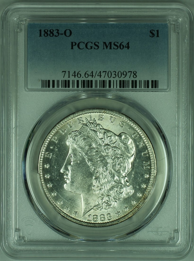 PCGS MS64 1883-O Morgan Dollar New Orleans Mint Silver Coin: PCGS MS64 1883-O Morgan Dollar New Orleans Mint Silver Coin This is an 1883-O Morgan Silver Dollar coin certified by PCGS with a grade of MS-64. Minted in New Orleans, this uncirculated $1 coin is com
