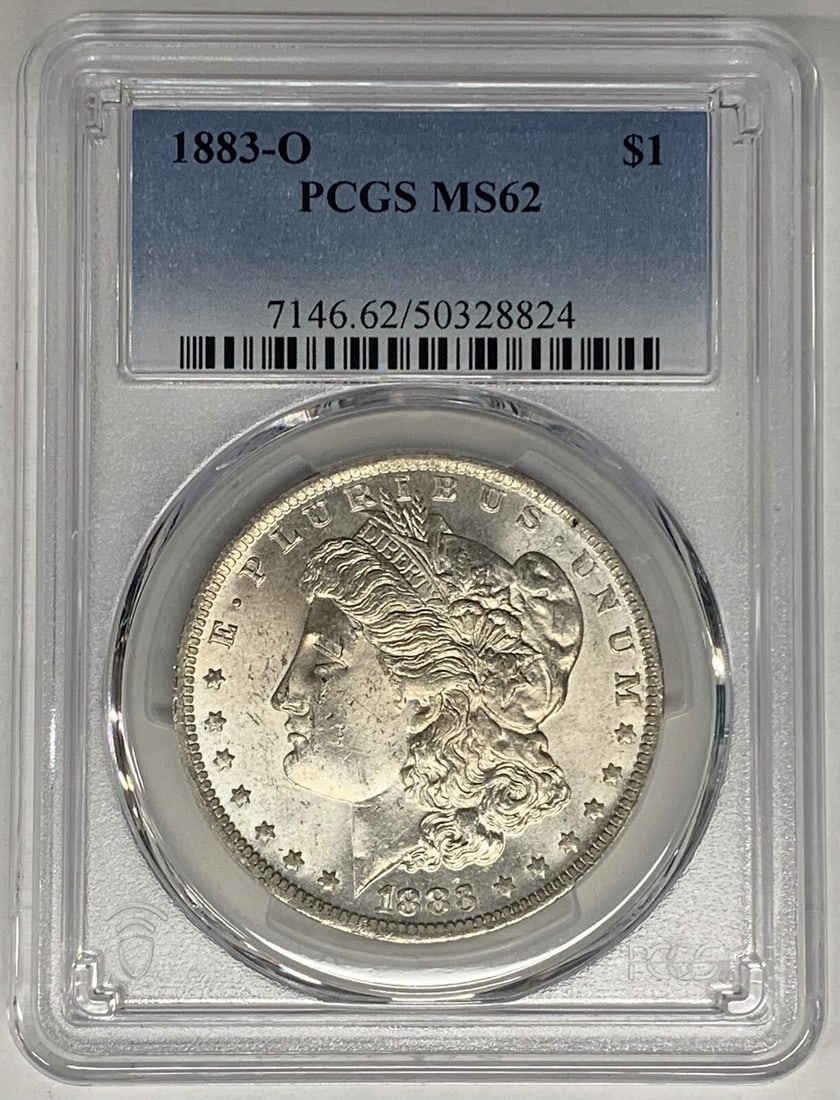 PCGS MS 62 1883-O Morgan Silver Dollar Uncirculated $1 Coin: PCGS MS 62 1883-O Morgan Silver Dollar Uncirculated $1 Coin This 1883-O Morgan Silver Dollar is an uncirculated coin graded MS 62 by PCGS. Minted in the United States, it features the iconic Morgan de
