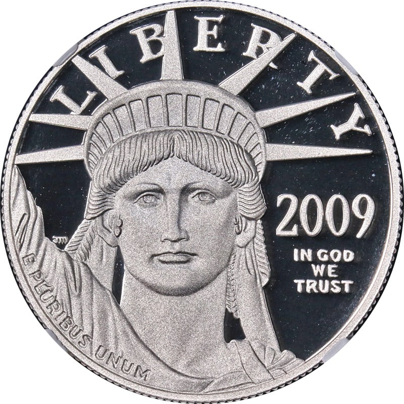 NGC PF70 Ultra Cameo 2009-W $100 Platinum Eagle 1 oz Coin: NGC PF70 Ultra Cameo 2009-W $100 Platinum Eagle 1 oz Coin This 2009-W Platinum American Eagle $100 coin is composed of 0.9995 fine platinum and weighs 1 ounce. It is certified by NGC with a PF70 Ultra