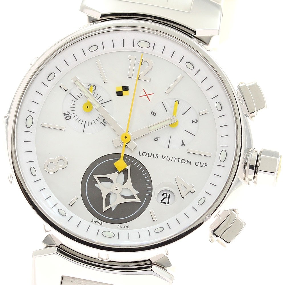 Louis Vuitton Tambour Lovely Cup Quartz Chronograph Date 34mm Womens Watch: Louis Vuitton Tambour Lovely Cup Quartz Chronograph Date 34mm Womens Watch This Louis Vuitton Tambour Lovely Cup Chronograph Date Quartz wristwatch features a stainless steel case paired with a white 