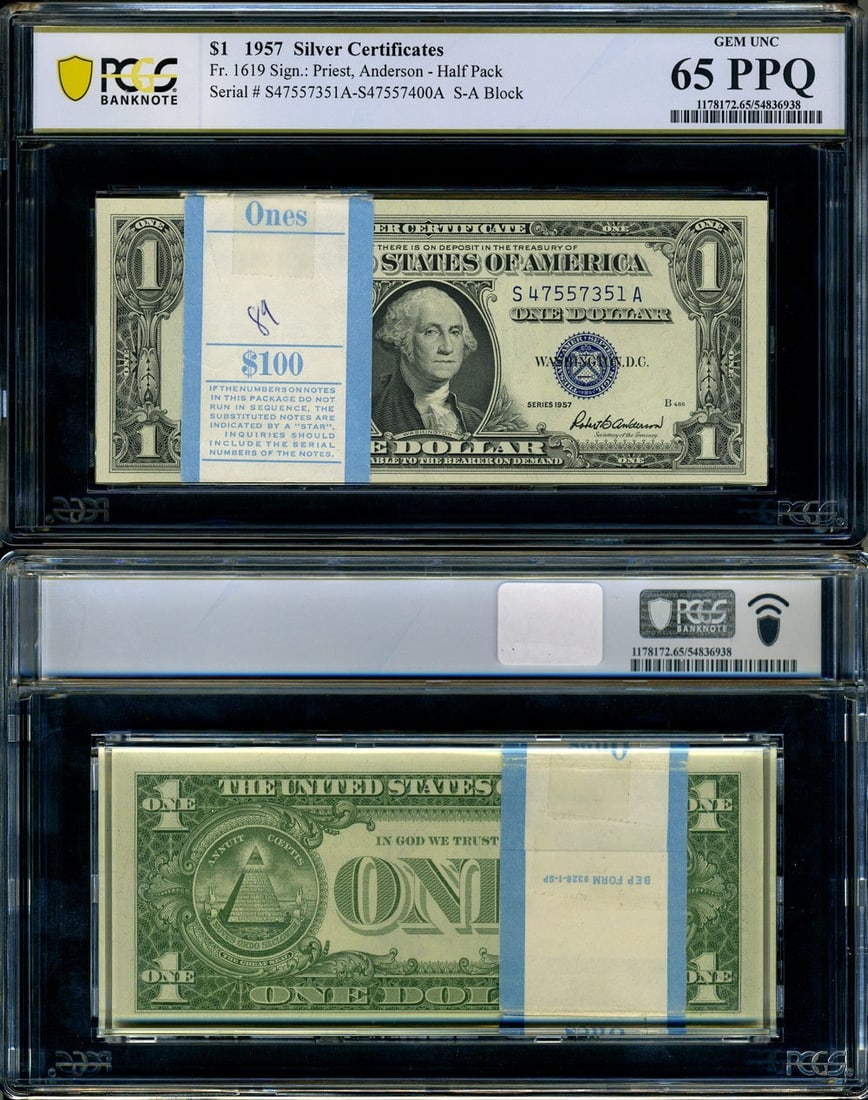 1957 $1 Silver Certificate PCGS Gem CU65 50 Note Pack (1 of 3)