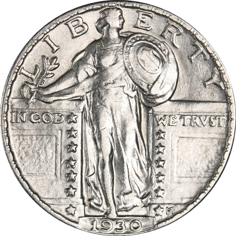 United States 1930 P Standing Liberty Silver Quarter Coin: United States 1930 P Standing Liberty Silver Quarter Coin 1930-P Standing Liberty Quarter from the United States. This pre-owned coin is composed of silver and is listed as circulated and uncertified.