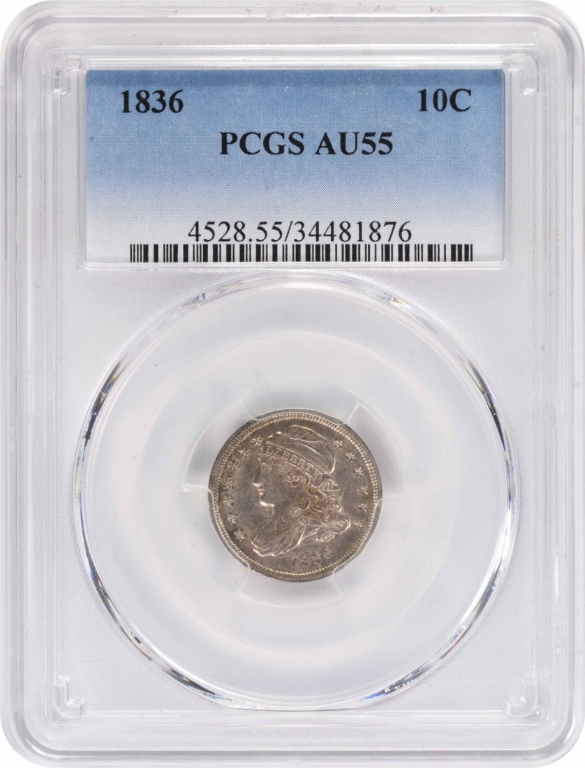 PCGS AU55 1836 United States Capped Bust 10C Silver Dime: PCGS AU55 1836 United States Capped Bust 10C Silver Dime 1836 Capped Bust silver dime graded AU55 by PCGS. This circulated, pre-owned United States 10C coin is a certified example of the classic Bust 