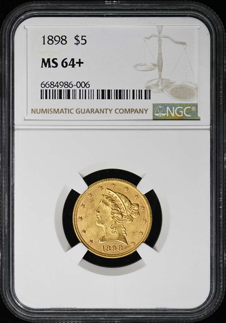 NGC MS64 Plus 1898 Liberty Head Five Dollar Gold Coin: NGC MS64 Plus 1898 Liberty Head Five Dollar Gold Coin This is an 1898 Liberty Head Half Eagle $5 gold coin from the United States, certified by NGC as MS64+. The coin is uncirculated and was minted in