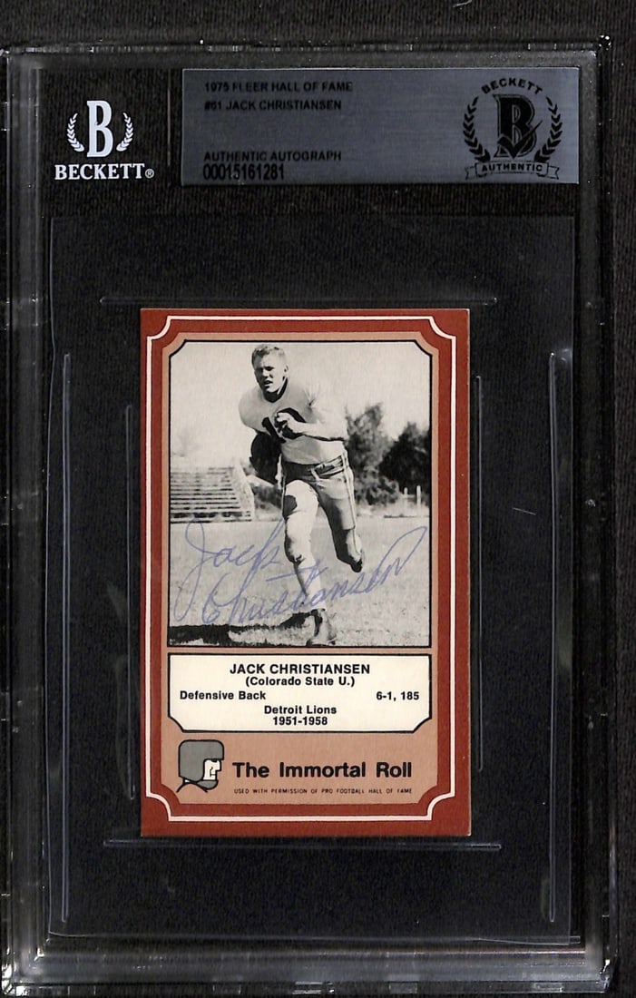 1975 Fleer Immortal Roll #61 Card Jack Christiansen Autograph Beckett Authenticated: 1975 Fleer Immortal Roll #61 Card Jack Christiansen Autograph Beckett Authenticated This is an original 1975 Fleer Immortal Roll #61 sports trading card, featuring Jack Christiansen, the renowned NFL 