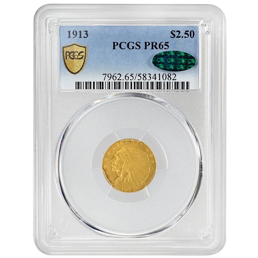 PCGS PR65 CAC 1913 $2.50 Indian Gold Proof Coin: PCGS PR65 CAC 1913 $2.50 Indian Gold Proof Coin 1913 $2.50 Indian proof gold coin certified by PCGS and CAC. This uncirculated example is graded PR65 and represents a rare proof issue from the Philade