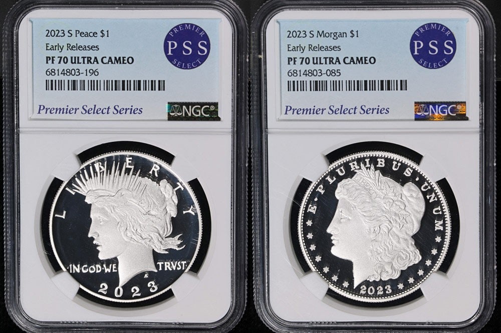 NGC PF70 Ultra Cameo 2023-S Morgan and Peace Silver Dollar 2 Coin Set: NGC PF70 Ultra Cameo 2023-S Morgan and Peace Silver Dollar 2 Coin Set Original 2023-S Morgan and Peace Silver Dollar 2-coin proof set graded NGC PF70 Ultra Cameo. This uncirculated silver set is descr