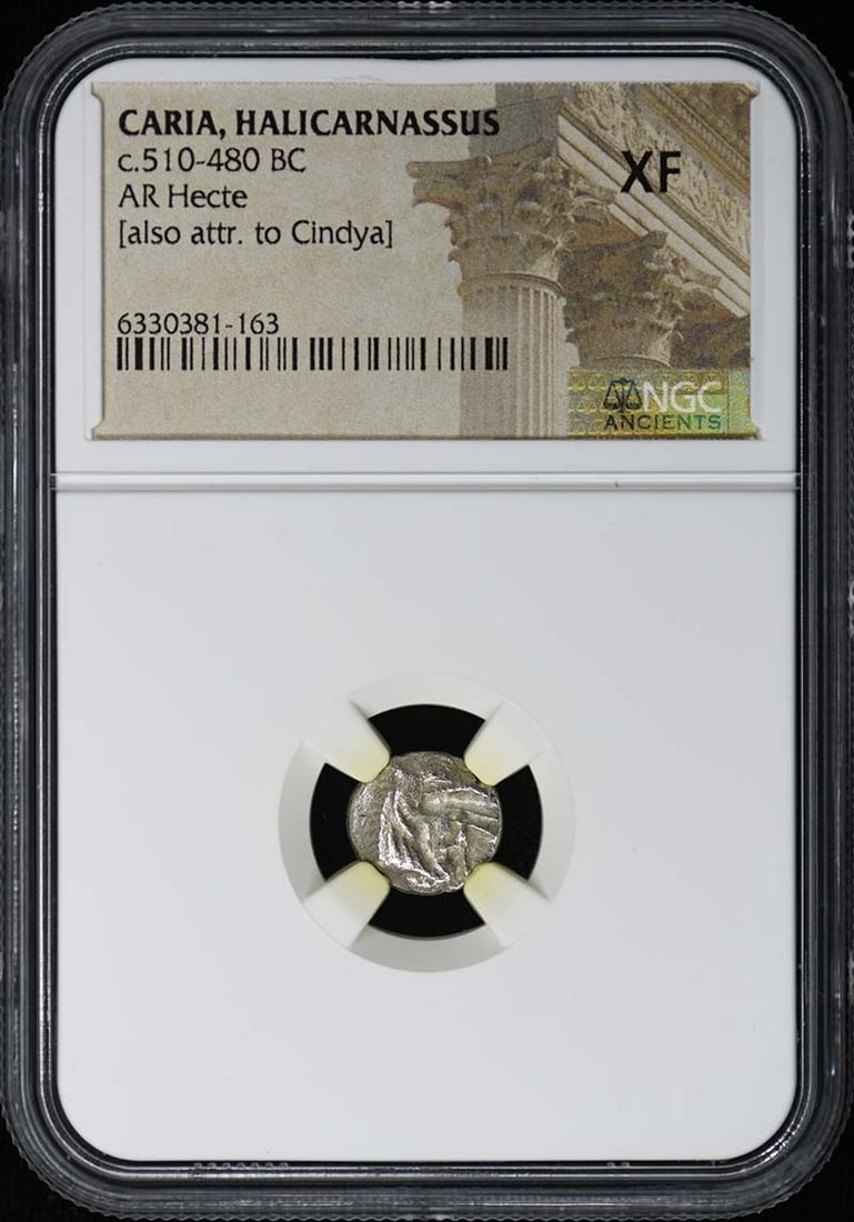 Ancient Caria Cindya AR Tetrobol Hemidrachm NGC XF: Ancient Caria Cindya AR Tetrobol Hemidrachm NGC XF This ancient silver coin originates from Caria, Cindya, dating to approximately 510-480 BC. It has been certified and graded XF (Extremely Fine) by N