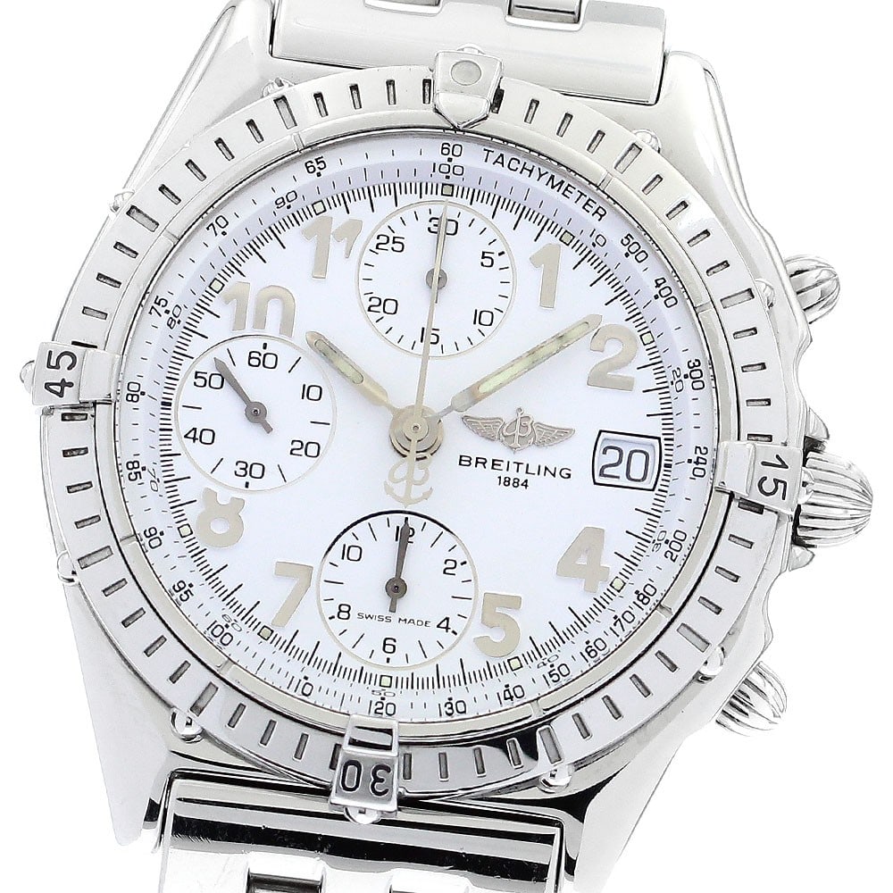 Breitling Chronomat A13050.1 mens automatic chronograph date watch: Breitling Chronomat A13050.1 mens automatic chronograph date watch Pre-owned Breitling Chronomat automatic chronograph men's wristwatch with a white dial and stainless steel case and bracelet. This wa