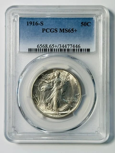 PCGS MS-65+ 1916-S Walking Liberty Silver Half Dollar: PCGS MS-65+ 1916-S Walking Liberty Silver Half Dollar Pre-owned 1916-S Walking Liberty Half Dollar graded MS-65+ by PCGS. This silver coin is identified as a 1916-S 50C issue and includes the listed P