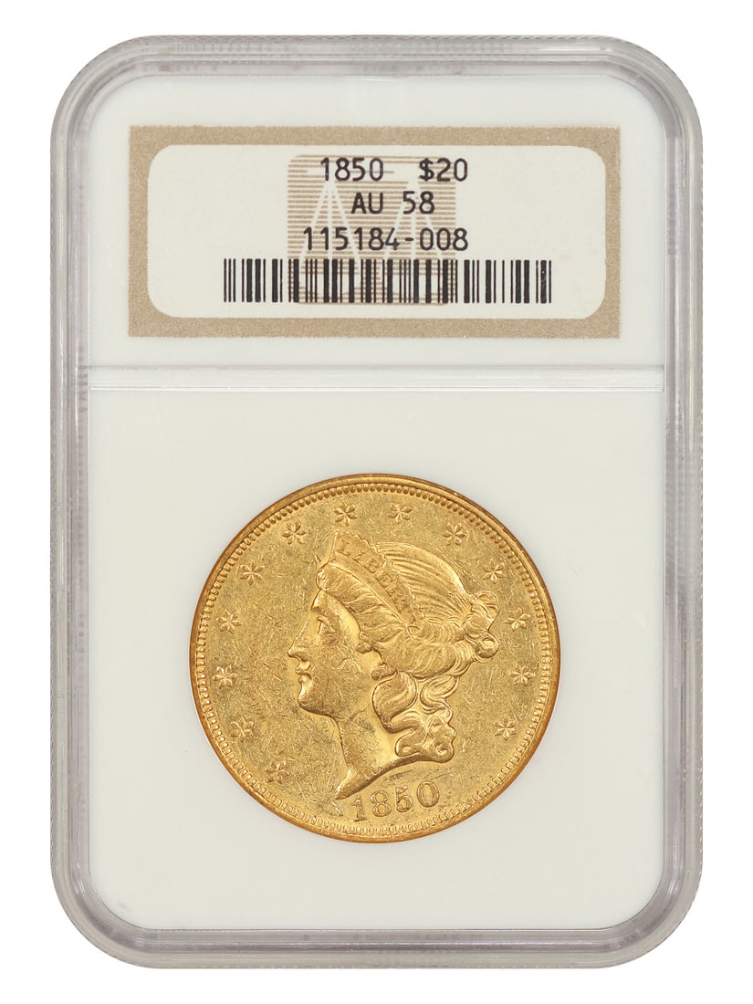 1850 Liberty Head $20 Double Eagle NGC AU58 First Year: 1850 Liberty Head $20 Double Eagle NGC AU58 First Year 1850 Liberty Head $20 double eagle, first year issue, certified by NGC AU58. Struck at Philadelphia, this circulated example is described as a wo