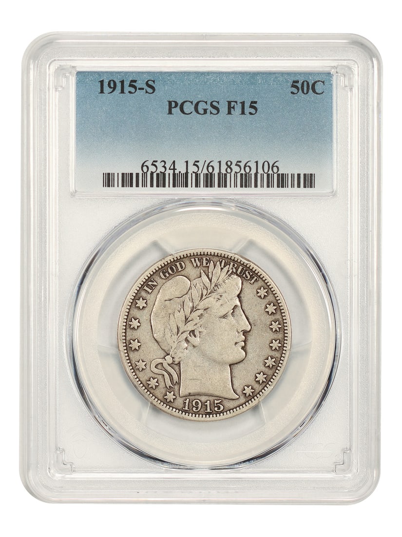 Barber Half Dollar 1915 S 50C PCGS F15: Barber Half Dollar 1915 S 50C PCGS F15 1915-S Barber Half Dollar certified by PCGS in Fine 15 condition. This circulated, pre-owned coin is identified as a 50C denomination issue from San Francisco. S