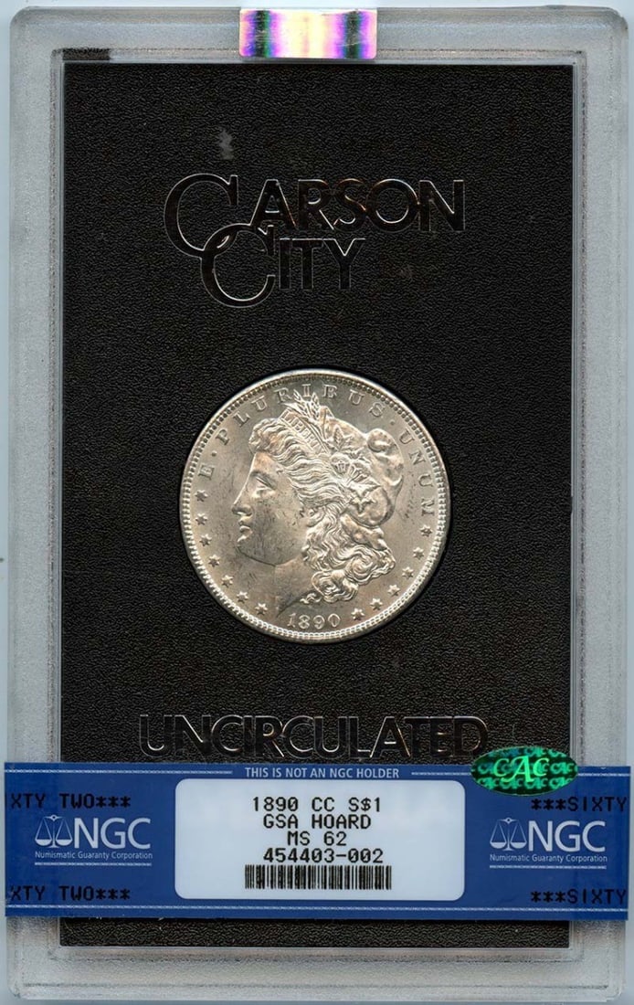 GSA Hoard 1890-CC Carson City Morgan Silver Dollar NGC MS62 CAC: GSA Hoard 1890-CC Carson City Morgan Silver Dollar NGC MS62 CAC This 1890-CC Morgan Dollar is part of the GSA Hoard and has been graded MS62 by NGC with a CAC designation. It was minted in Carson City