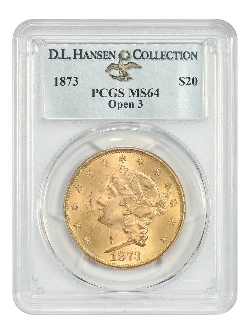 PCGS MS64 1873 Liberty Head $20 Gold Coin Open 3 ex D.L. Hansen: PCGS MS64 1873 Liberty Head $20 Gold Coin Open 3 ex D.L. Hansen 1873 Liberty Head $20 gold coin graded PCGS MS64, Open 3 variety, ex: D.L. Hansen. This uncirculated Philadelphia issue can be located t