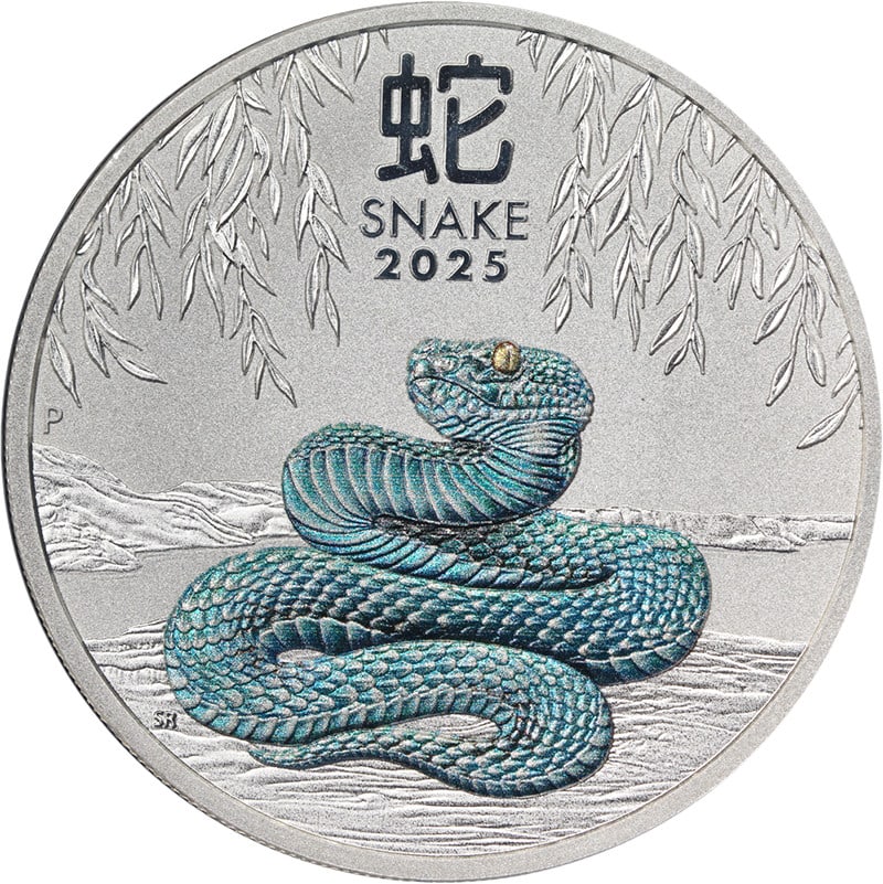 Australia 2025 Year of the Snake Teal Colorized 1 oz Silver $1 Coin: Australia 2025 Year of the Snake Teal Colorized 1 oz Silver $1 Coin Original 2025 Australia Year of the Snake colorized coin in teal, struck in 1 ounce of .999 fine silver with a $1 denomination. This