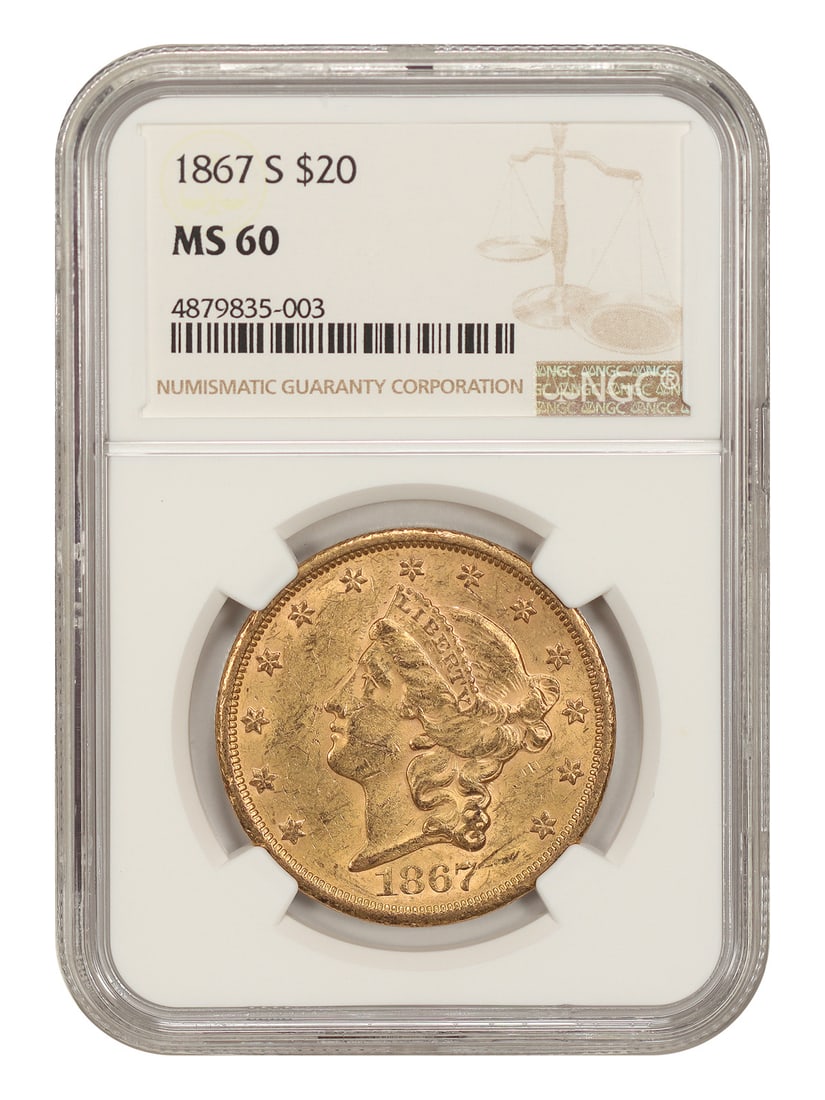 NGC MS60 1867-S Liberty Head $20 Double Eagle: NGC MS60 1867-S Liberty Head $20 Double Eagle 1867-S Liberty Head $20 Double Eagle certified by NGC as MS60. Struck at the San Francisco Mint, this uncirculated coin shows lovely golden-yellow tints w