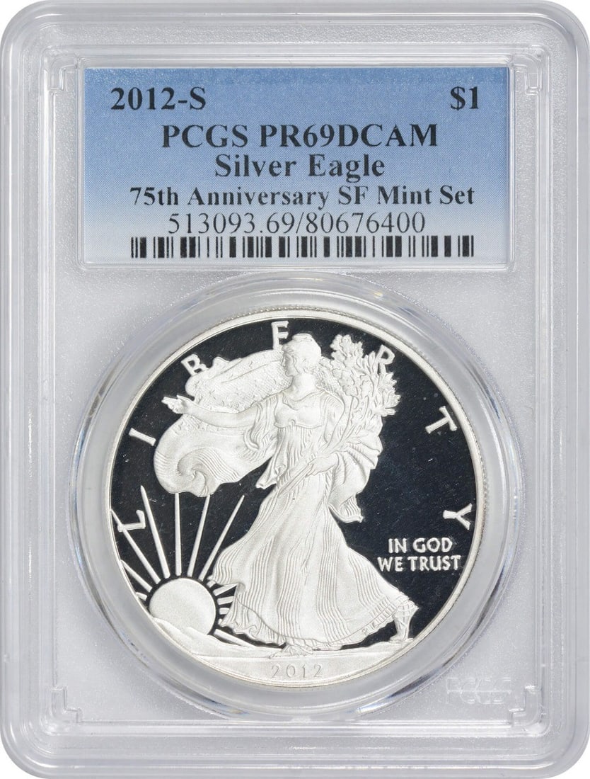 2012-S American Silver Eagle 75th Anniversary PR69DCAM PCGS Proof Coin: 2012-S American Silver Eagle 75th Anniversary PR69DCAM PCGS Proof Coin Celebrate the 75th anniversary of the iconic American Silver Eagle with this 2012-S Proof coin, graded PR69DCAM by PCGS. Struck a