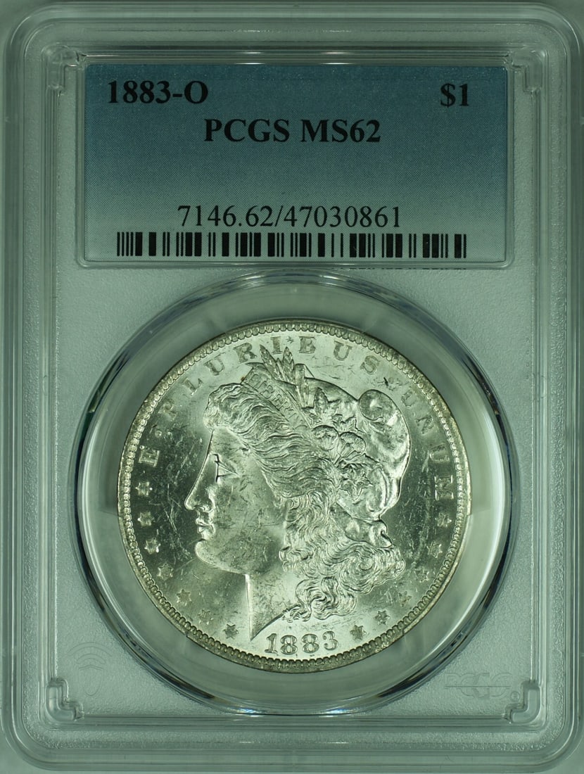 1883-O Morgan Dollar Uncirculated Silver Coin PCGS MS62 New Orleans Mint: 1883-O Morgan Dollar Uncirculated Silver Coin PCGS MS62 New Orleans Mint This is an 1883-O Morgan Silver Dollar coin from the United States, graded MS-62 by PCGS. Minted in New Orleans, this uncircula