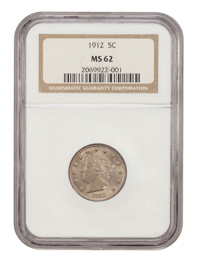 NGC MS62 1912 Liberty Head Nickel 5C Philadelphia: NGC MS62 1912 Liberty Head Nickel 5C Philadelphia 1912 Liberty Nickel certified by NGC in MS62 grade. This pre-owned coin is an uncirculated 5-cent piece from Philadelphia. Specifications Denomination