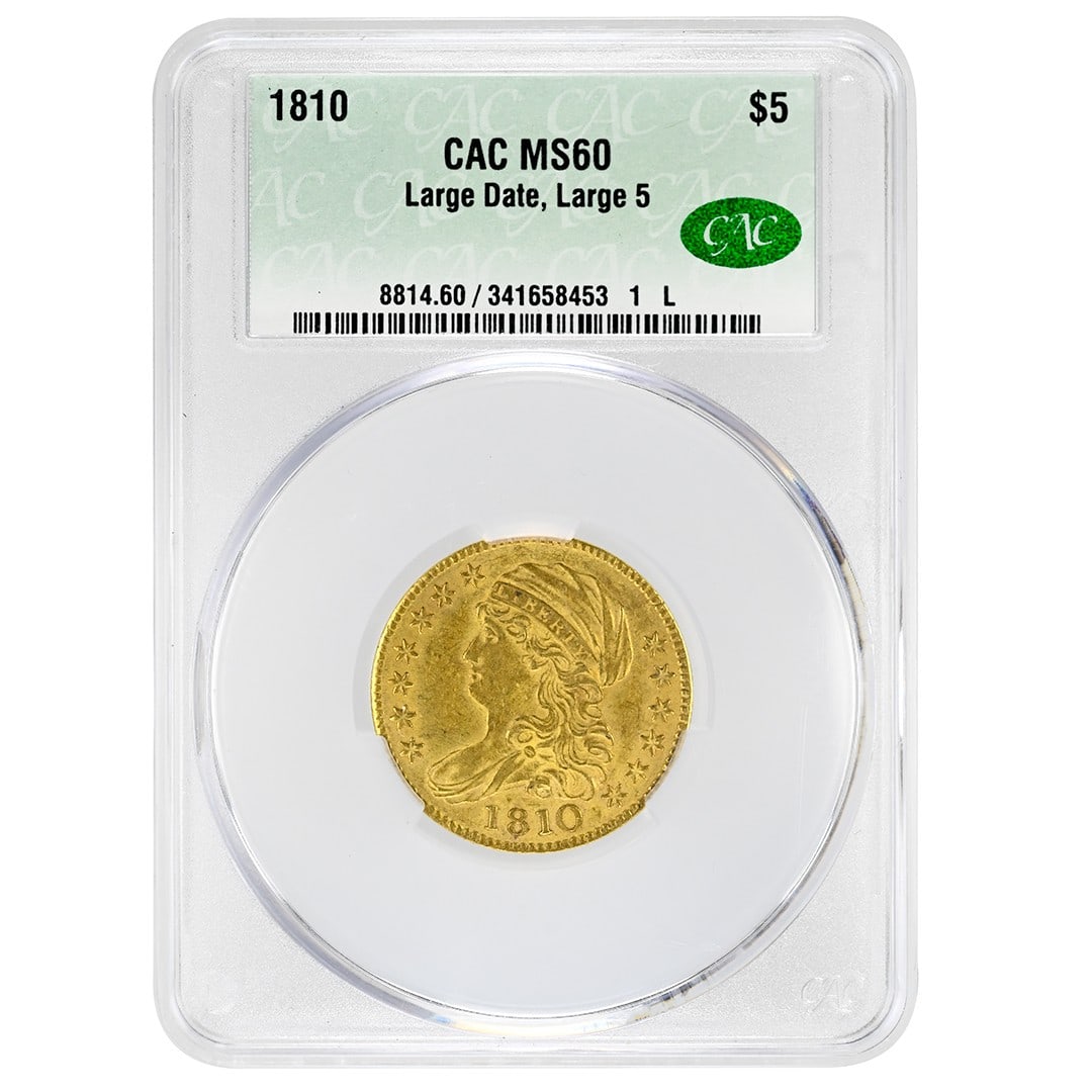 1810 United States Gold $5 Capped Bust CACG MS60 Large Date Large 5: 1810 United States Gold $5 Capped Bust CACG MS60 Large Date Large 5 1810 $5 Capped Bust gold coin with CACG certification and an MS60 grade. This uncirculated Type 1 coin features the Large Date and L