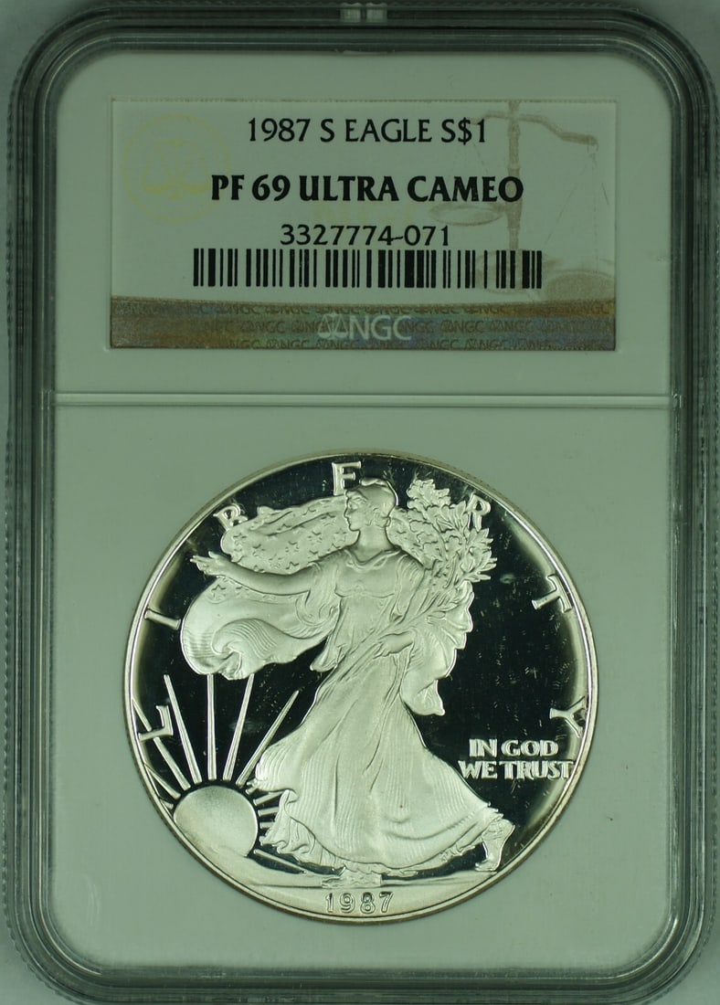 1987-S Proof Silver Eagle Dollar NGC PR 69 Ultra Cameo Commemorative Coin: 1987-S Proof Silver Eagle Dollar NGC PR 69 Ultra Cameo Commemorative Coin This 1987-S American Proof Silver Eagle $1 coin features a commemorative design and has been certified by NGC with a grade of 