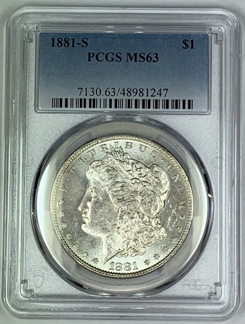 PCGS MS 63 1881-S Morgan Silver Dollar Uncirculated Coin: PCGS MS 63 1881-S Morgan Silver Dollar Uncirculated Coin This 1881-S Morgan Silver Dollar features a composition of silver and is graded MS 63 by PCGS. The coin is uncirculated and originates from the