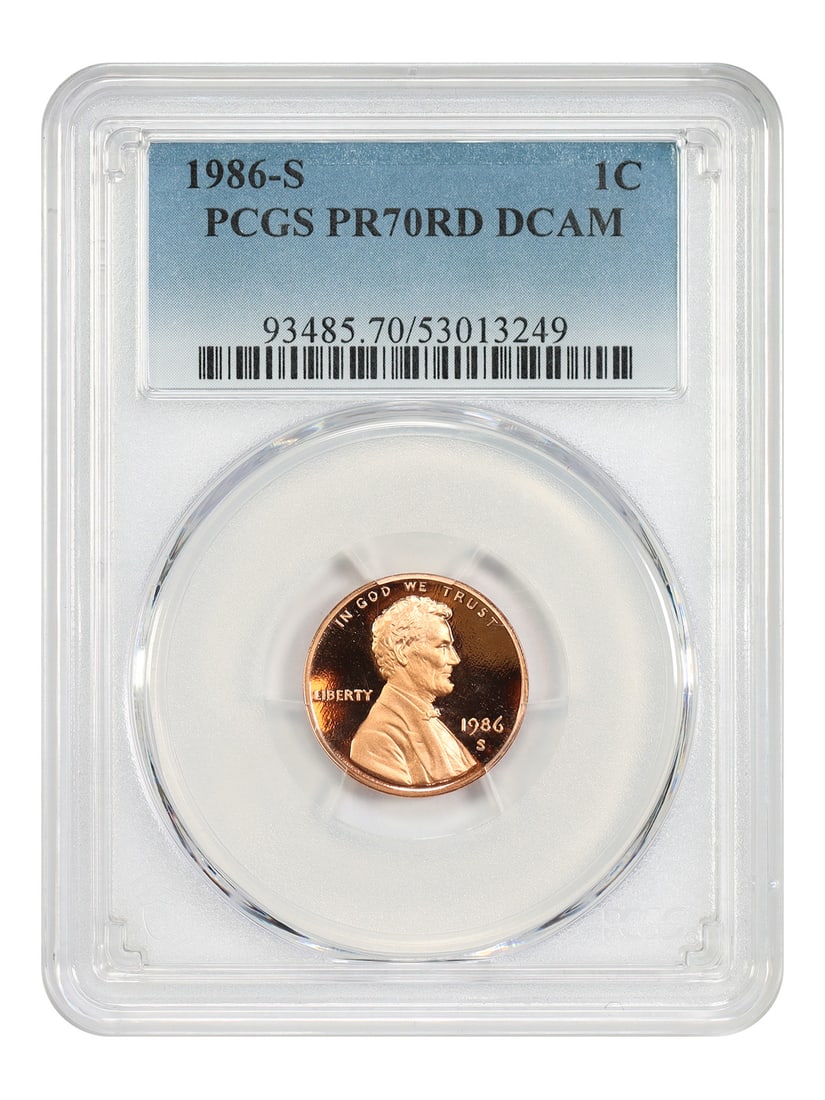 PCGS PR70RD DCAM 1986-S Lincoln Cent 1C Modern: PCGS PR70RD DCAM 1986-S Lincoln Cent 1C Modern 1986 Lincoln Cent (Modern) certified by PCGS as PR70RD DCAM. This uncirculated coin is struck from the San Francisco Mint. It is housed in a PCGS holder,