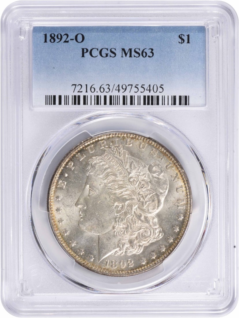 1892-O Morgan Silver Dollar MS63 Graded by PCGS: 1892-O Morgan Silver Dollar MS63 Graded by PCGS This stunning 1892-O Morgan Silver Dollar is graded MS63 by PCGS, indicating it is in uncirculated condition. Struck in 90% silver and 10% copper, this 