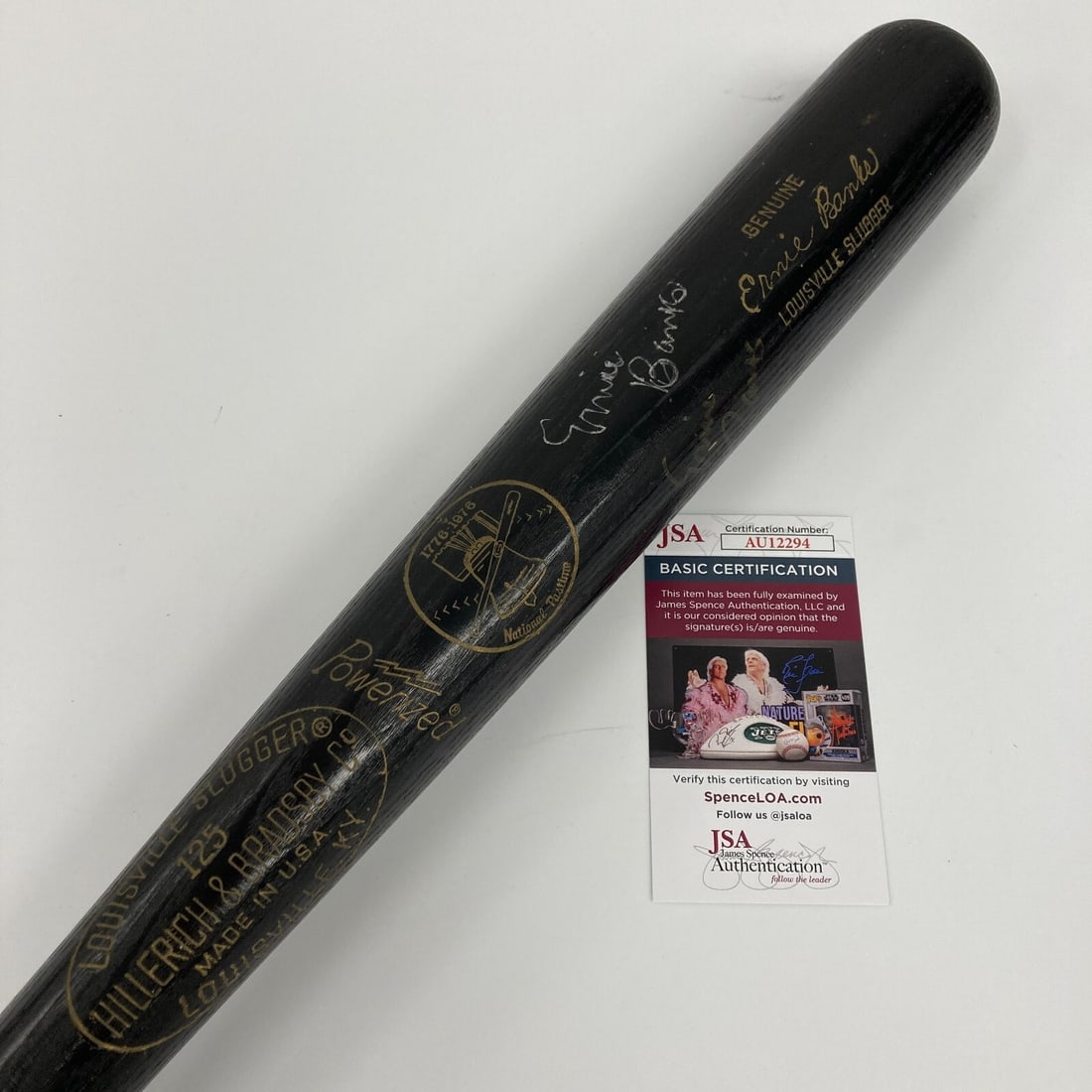 Ernie Banks Signed 1976 Louisville Slugger Bat JSA Authenticated: Ernie Banks Signed 1976 Louisville Slugger Bat JSA Authenticated This is an original 1976 Louisville Slugger Bicentennial Game baseball bat signed by the legendary Ernie Banks, a renowned player for t
