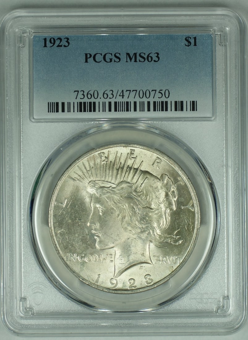 PCGS MS 63 1923 Peace Silver Dollar Coin Uncirculated: PCGS MS 63 1923 Peace Silver Dollar Coin Uncirculated This is a 1923 Peace Silver Dollar coin from the United States, certified by PCGS with a grade of MS 63. The coin is uncirculated and composed of 