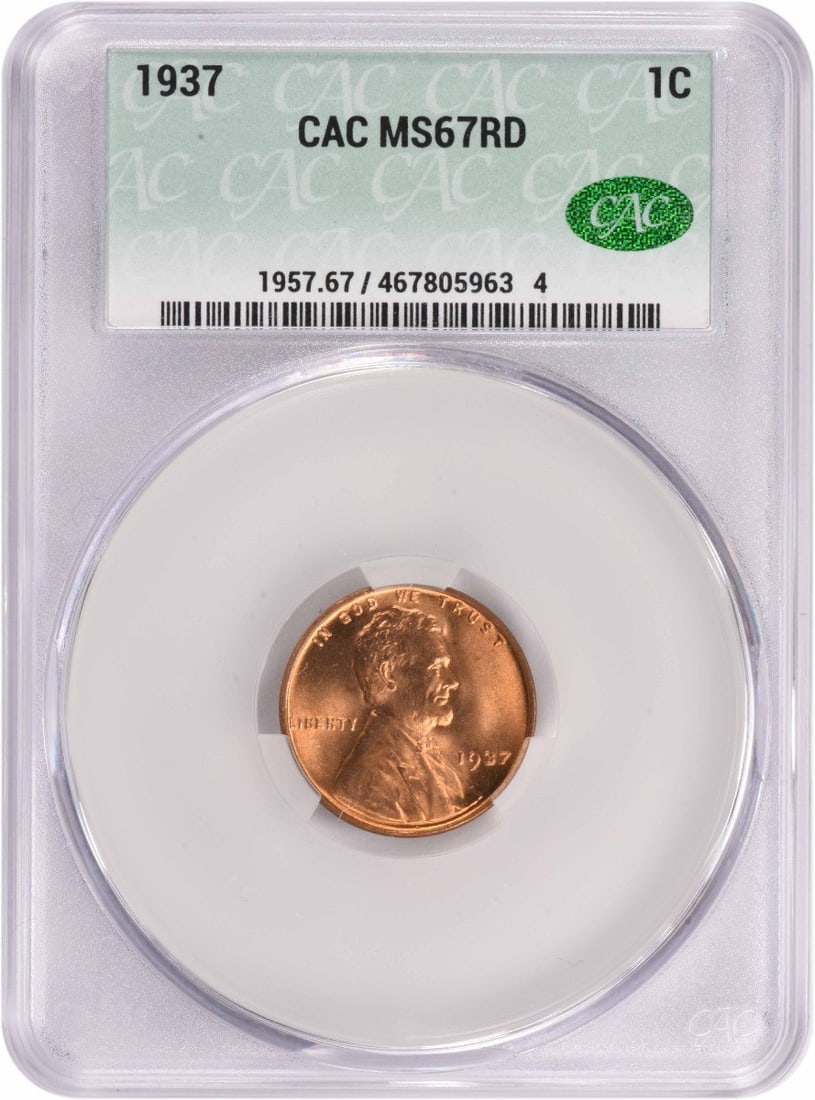 CACG MS67RD 1937 Lincoln Wheat Copper Cent: CACG MS67RD 1937 Lincoln Wheat Copper Cent This is a 1937 Lincoln Wheat Cent from the United States, composed of copper. The coin is uncirculated and has been graded MS67 by CACG. It features no mint 