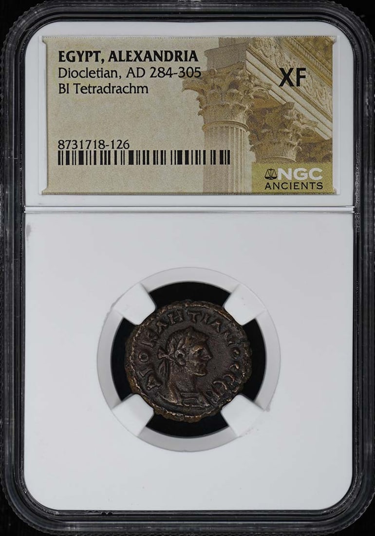 Egypt Alexandria BI Tetradrachm Diocletian AD 284-305 NGC XF: Egypt Alexandria BI Tetradrachm Diocletian AD 284-305 NGC XF This is a Diocletian BI Tetradrachm coin from Alexandria, Egypt, dating from AD 284-305. The coin has been certified and graded XF (Extreme