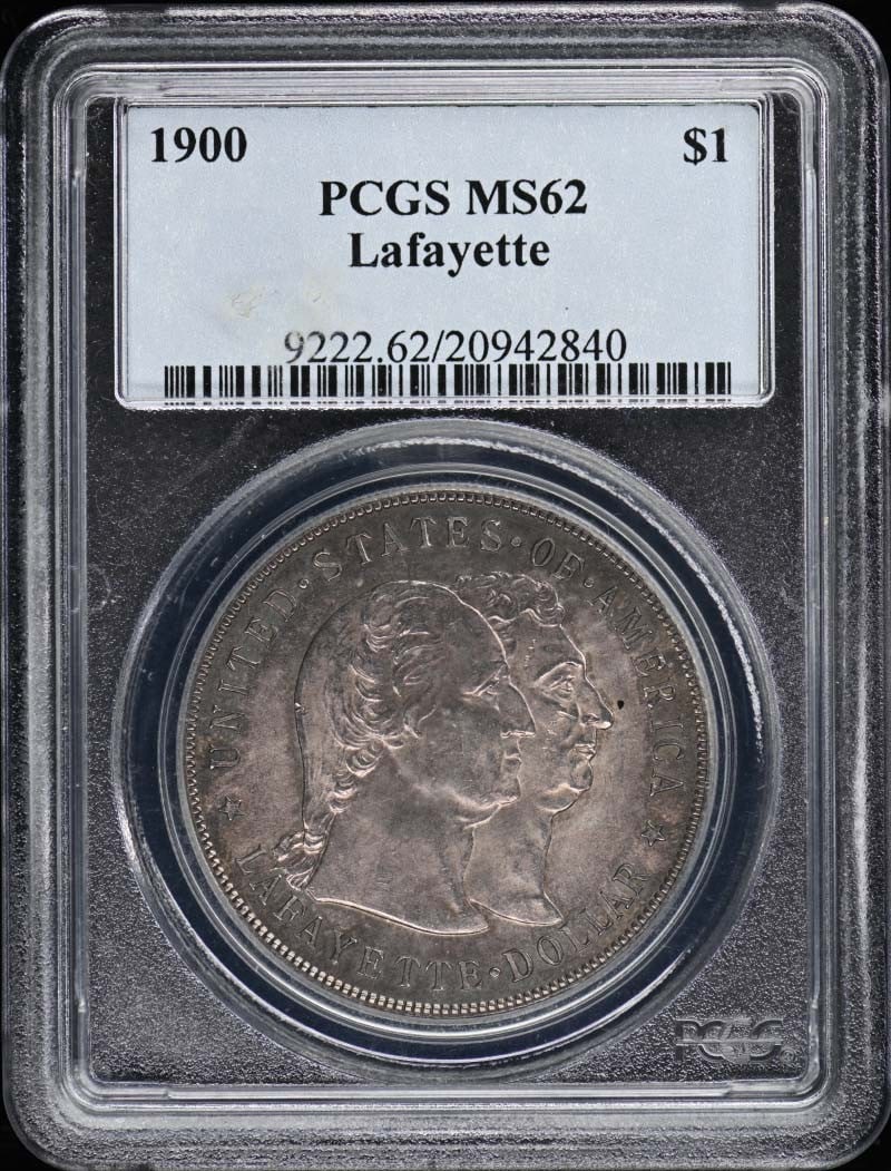 1900 Silver Lafayette Dollar Commemorative Coin PCGS MS62 Uncirculated: 1900 Silver Lafayette Dollar Commemorative Coin PCGS MS62 Uncirculated This Lafayette 1900 $1 silver commemorative coin is graded MS62 by PCGS. Issued by the United States Mint in Philadelphia, this u