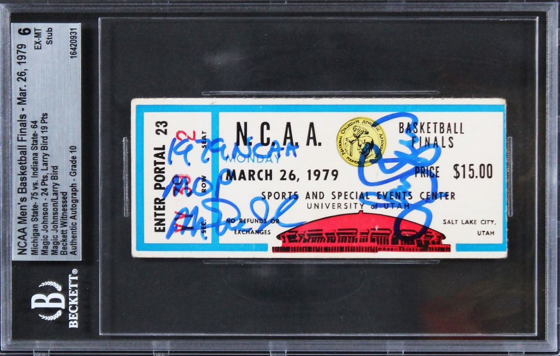 Signed 1979 NCAA Finals Ticket Stub Beckett Slabbed Magic Johnson Larry Bird: Signed 1979 NCAA Finals Ticket Stub Beckett Slabbed Magic Johnson Larry Bird This is an original ticket stub from the March 24, 1979 NCAA Finals, personally signed by Magic Johnson and Larry Bird. The