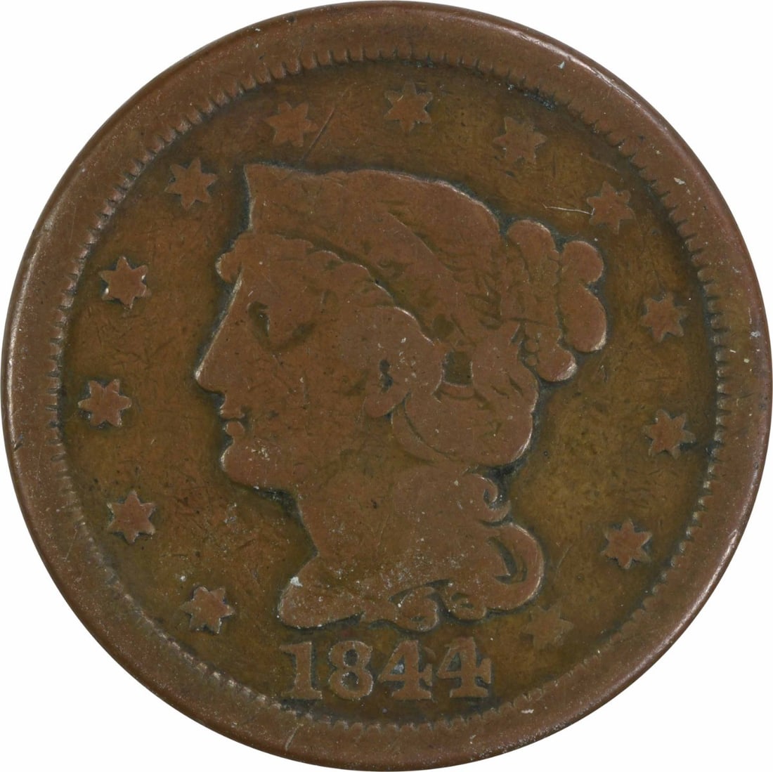 United States 1844 Braided Hair Large Cent Copper G Uncertified: United States 1844 Braided Hair Large Cent Copper G Uncertified 1844 Braided Hair Large Cent in circulated, pre-owned condition. This uncertified United States copper coin is listed with a grade of G.