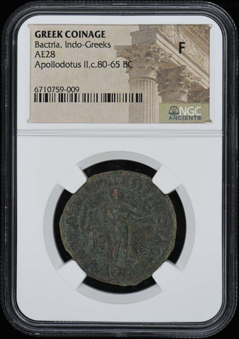 NGC F12 Apollodotus II Indo Greek Bronze Coin AE28: NGC F12 Apollodotus II Indo Greek Bronze Coin AE28 This is a bronze coin from the Indo-Greek period, attributed to Apollodotus II and dated approximately 80-65 BC. The coin has been certified by NGC a