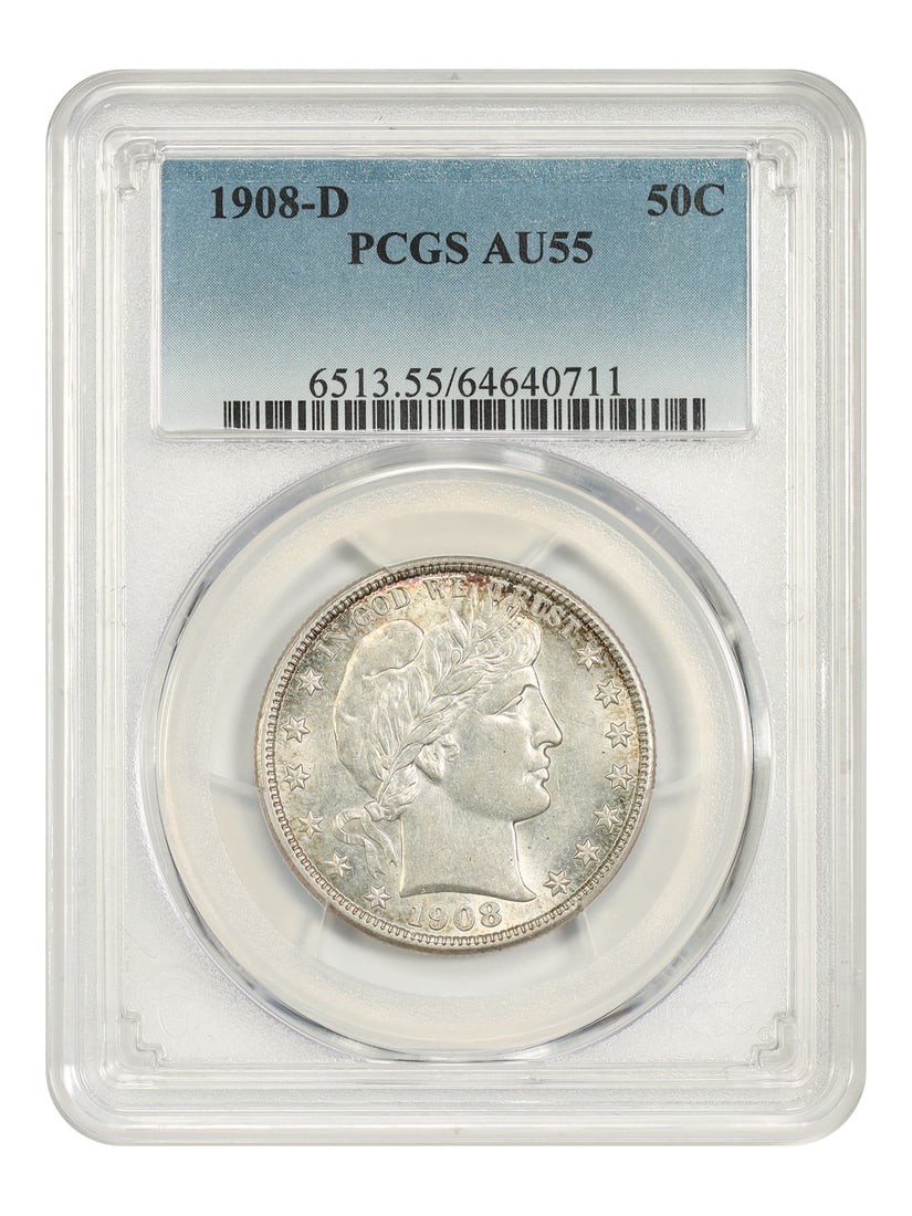 PCGS AU55 1908-D Barber Half Dollar 50C: PCGS AU55 1908-D Barber Half Dollar 50C 1908-D Barber Half Dollar certified by PCGS in AU55 condition. This pre-owned coin is a circulated example of the classic 50C denomination. Specifications Denom