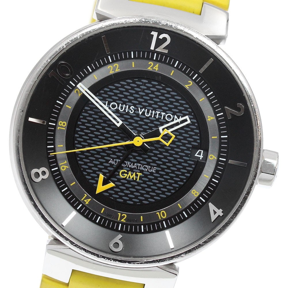 Louis Vuitton Tambour Moon GMT Q8D30 automatic mens wristwatch: Louis Vuitton Tambour Moon GMT Q8D30 automatic mens wristwatch Pre-owned Louis Vuitton Tambour Moon GMT men's wristwatch with automatic movement, black dial, and date and GMT functions. This watch-onl